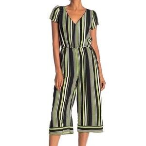Superfoxx Cropped V Neck Pantsuit Jumpsuit In Vertical Striped Neon Multi Size S